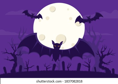 Halloween night bat background. Halloween night creepy, appear the bats that fly. Full moon night at Halloween and bats appear flying around the cemetery.