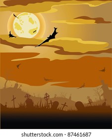 Halloween night (bat,grave, gravestone, graveyard, moon, house, tree)