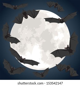 Halloween night with bats flying over moon