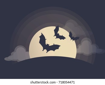 Halloween night with bats flying over moon.