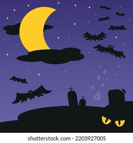 Halloween night. Bats, ghosts and a big moon over the cemetery