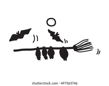 Halloween Night Bats, a hand drawn vector illustration of Halloween bats hanging on a witch's broom.