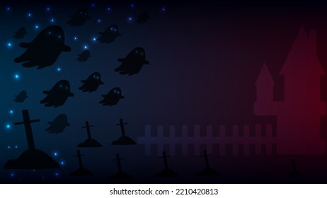  Halloween Night With Bats Illustration. Horizontal banner. Scary old graveyard and church in the woods.