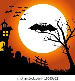 Halloween Night...  and bats on dark background. Vector illustration