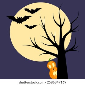 Halloween night with bats, a pumpkin, and a spooky tree under a full moon