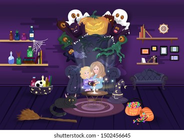 Halloween night, bedtime story fantasy, haunted room decoration with pumpkin, bats, ghost and monster, kid cartoon vector.