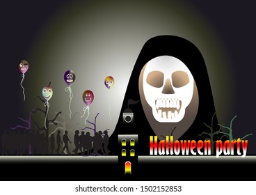 Halloween night, The big boss skull and the follower come to the party place, for  background, wallpaper, fabric print, cloth texture, illustration