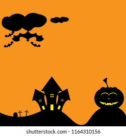 Halloween night, black castle and black Bat on Orange background.