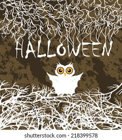 Halloween night, black castle on the moon background, bird