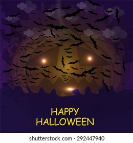 Halloween night, black castle on the moon background, illustration.