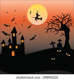 Halloween night, black castle on the moon background, illustration.