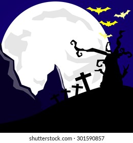 Halloween night, black castle on the moon background, illustration.