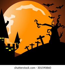 Halloween night, black castle on the moon background, illustration.