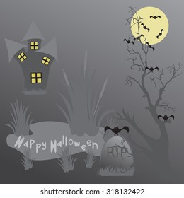 Halloween night, black castle on the moon background