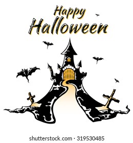 Halloween night, black castle on white background, vector illustration