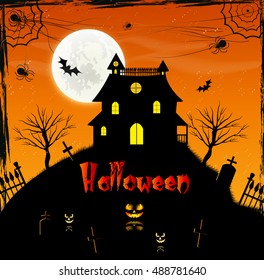 Halloween night, black castle on the moon background, illustration.