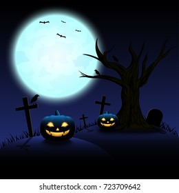 Halloween night with blue Moon and pumpkins, illustration.
