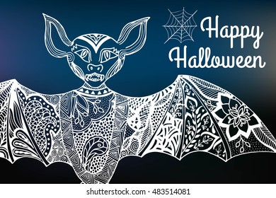 Halloween night, blurred background. Happy halloween card. Hand drawn bat.