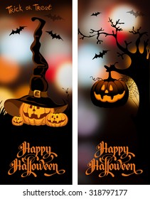 Halloween night blurred background with pumpkin and calligraphy inscription Happy Halloween. Vector illustration.