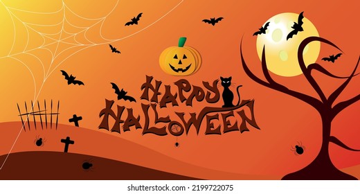 Halloween night business card, advertisement or banner for social networks. Spider web, bats flying around a big moon in a cemetery and smiling pumpkins