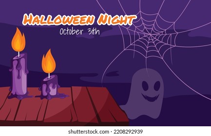 Halloween Night Candle with a Ghost. Flat design vector Illustration. Halloween night Illustration. 