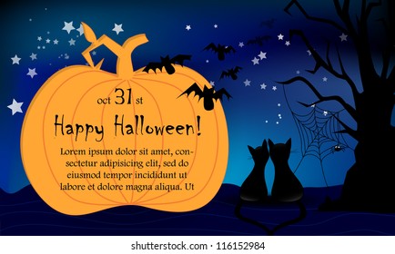 Halloween night card big pumpkin cats stars