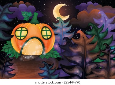 Halloween night card with pumpkin castle and moon, vector illustration