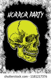 Halloween night card with skull.  Hand drawn black invitation flyers or greeting card with lettering or text. Vector.