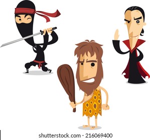 Halloween night cartoon costume illustration ninja, caveman and vampire