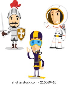 Halloween night cartoon costumes of knight, diver and astronaut 