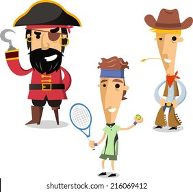 Halloween night cartoon costumes of pirate, tennis player and cowboy