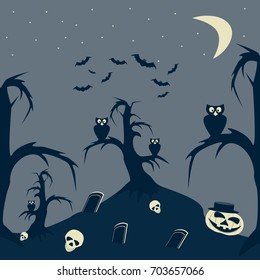 Halloween Night cartoon picture. Graves, grinning skulls and pumpkin on hill, owls on trees, flock of bats in starry sky