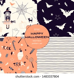 Halloween night cartoon vector seamless pattern set. Trick or treat, celebration party, flying bats, stripes backgrounds pack. All hallows eve decorative textile, wallpaper, wrapping paper design