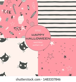 Halloween night cartoon vector seamless pattern set. Trick or treat, stars, black cat heads, stripes backgrounds pack. All hallows eve decorative textile, wallpaper, wrapping paper design