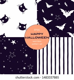 Halloween night cartoon vector seamless pattern set. Flying bats, midnight starry sky, black cat, vertical stripes backgrounds pack. Halloween decorative textile, wallpaper, wrapping paper design