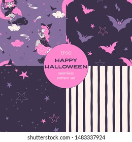 Halloween night cartoon vector seamless pattern set. Young witch, flying bat, midnight starry sky, stripes backgrounds pack. All hallows eve decorative textile, wallpaper, wrapping paper design