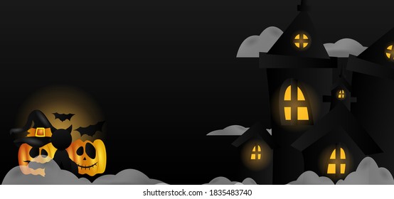 Castillo nocturno de Halloween con nube, calabaza y diseño de fondo de gato negro vector