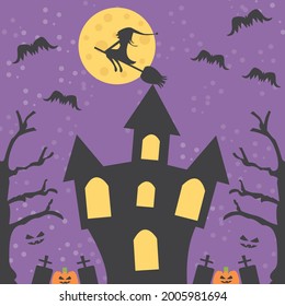 Halloween night with castle. Halloween day background. Vector illustration.