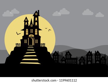 Halloween night castle and full moon. Vector illustration.