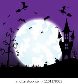 Halloween night with castle and full moon.Vector illustration.