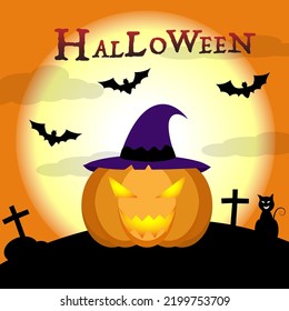 Halloween night with castle, pumpkin, bats background vector illustration
