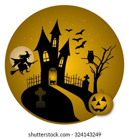 Halloween night castle with pumpkin vector illustration
