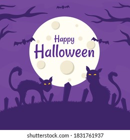 Halloween night cat background. Sightings of a cat ghost during a full moon on Halloween night in October. Scary night at Halloween, seen silhouette of scary cats.