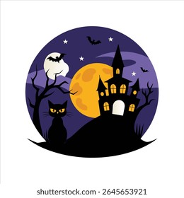 Halloween Night with Cat and Moon Vector Art