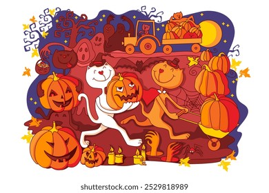 Halloween night with Cats, Pumpkins, Ghosts. Card. Jack-O'-Lantern Halloween celebration. Hand drawn vector background illustration.