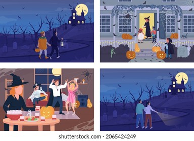 Halloween night celebration flat color vector illustration set. Autumnal holiday tradition. Haunted mansion. Celebrating people 2D cartoon characters with outdoors on background collection