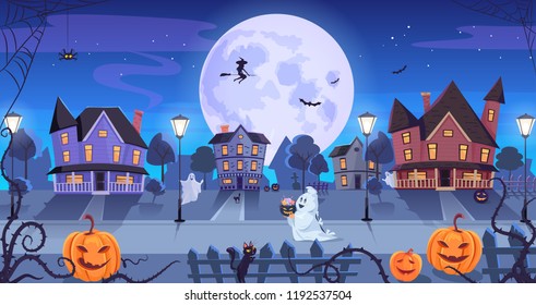 Halloween night celebration. Funny ghost with candies walking on the night street town vector illustration