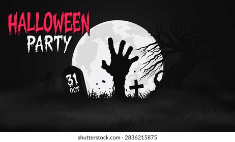 Halloween Night Cemetery Banner with Zombie Hand, Full Moon and Fog