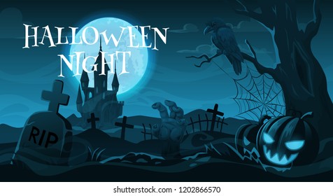 Halloween night, cemetery or graveyard. Vector gravestones and crosses, crow on tree and zombie hand, Jack lantern and scary castle. Autumn holiday, moonlight and spooky landscape with tombs