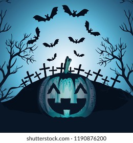 halloween night cemetery with pumpkin scene